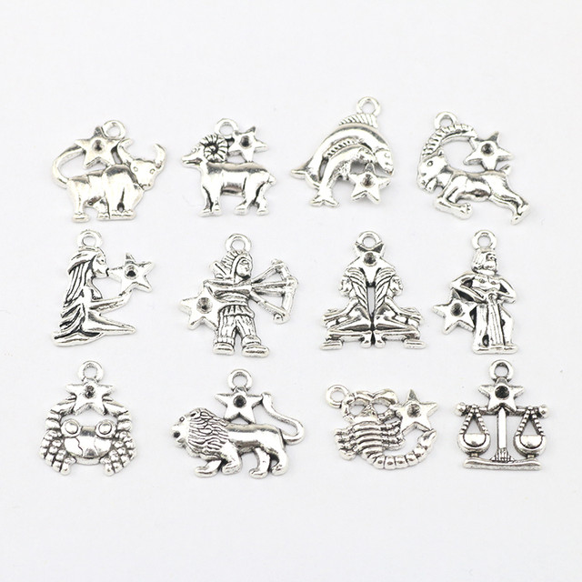 120 pieces(10 Sets) 22*20mm Antique Silver Plated Small Zodiac Charms for Jewelry Making Factory